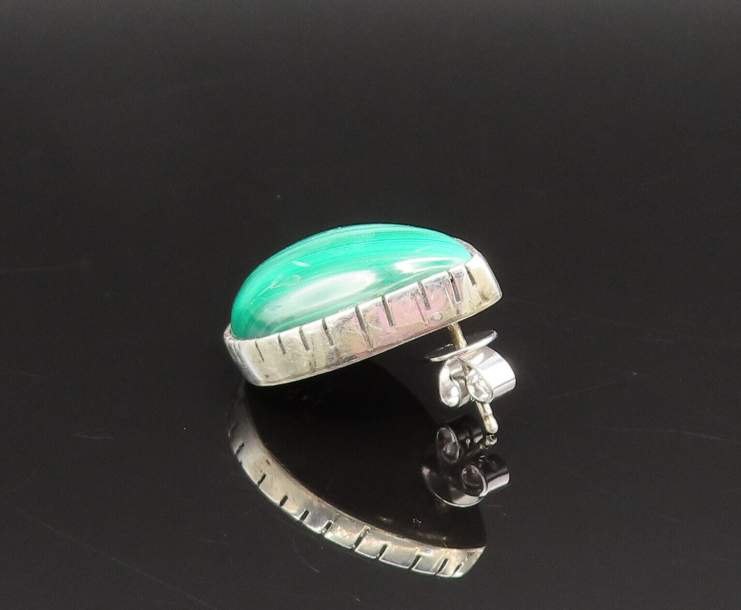 NAVAJO 925 Silver  Vintage Etched Pear Shaped Malachite Earrings  EG11949