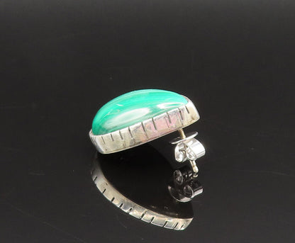 NAVAJO 925 Silver  Vintage Etched Pear Shaped Malachite Earrings  EG11949