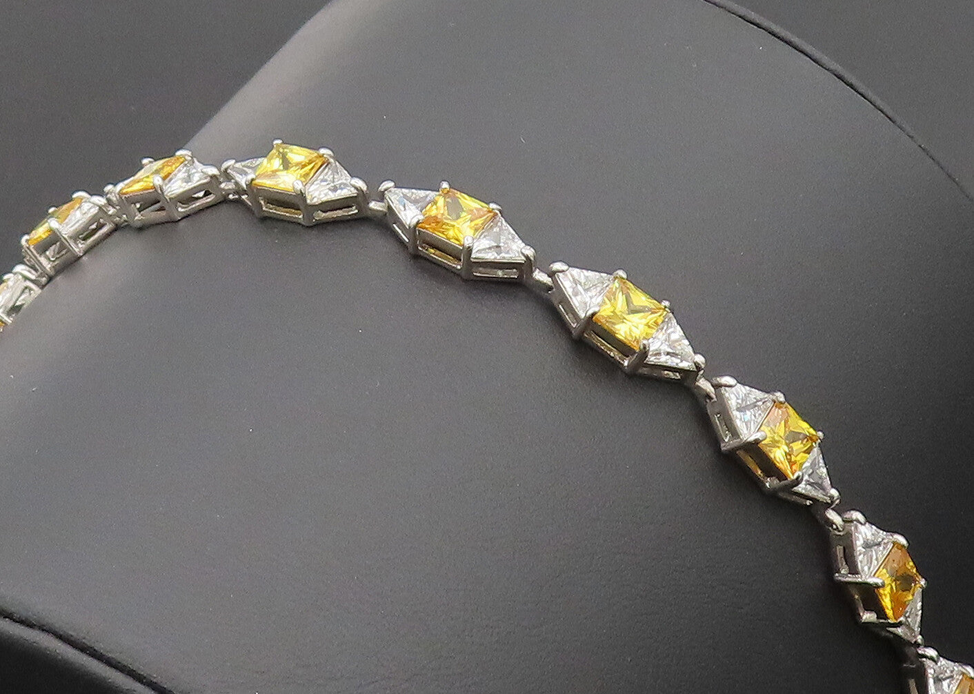 925 Sterling Silver  Vintage Square Citrine & Topaz Tennis Bracelet  BT10125