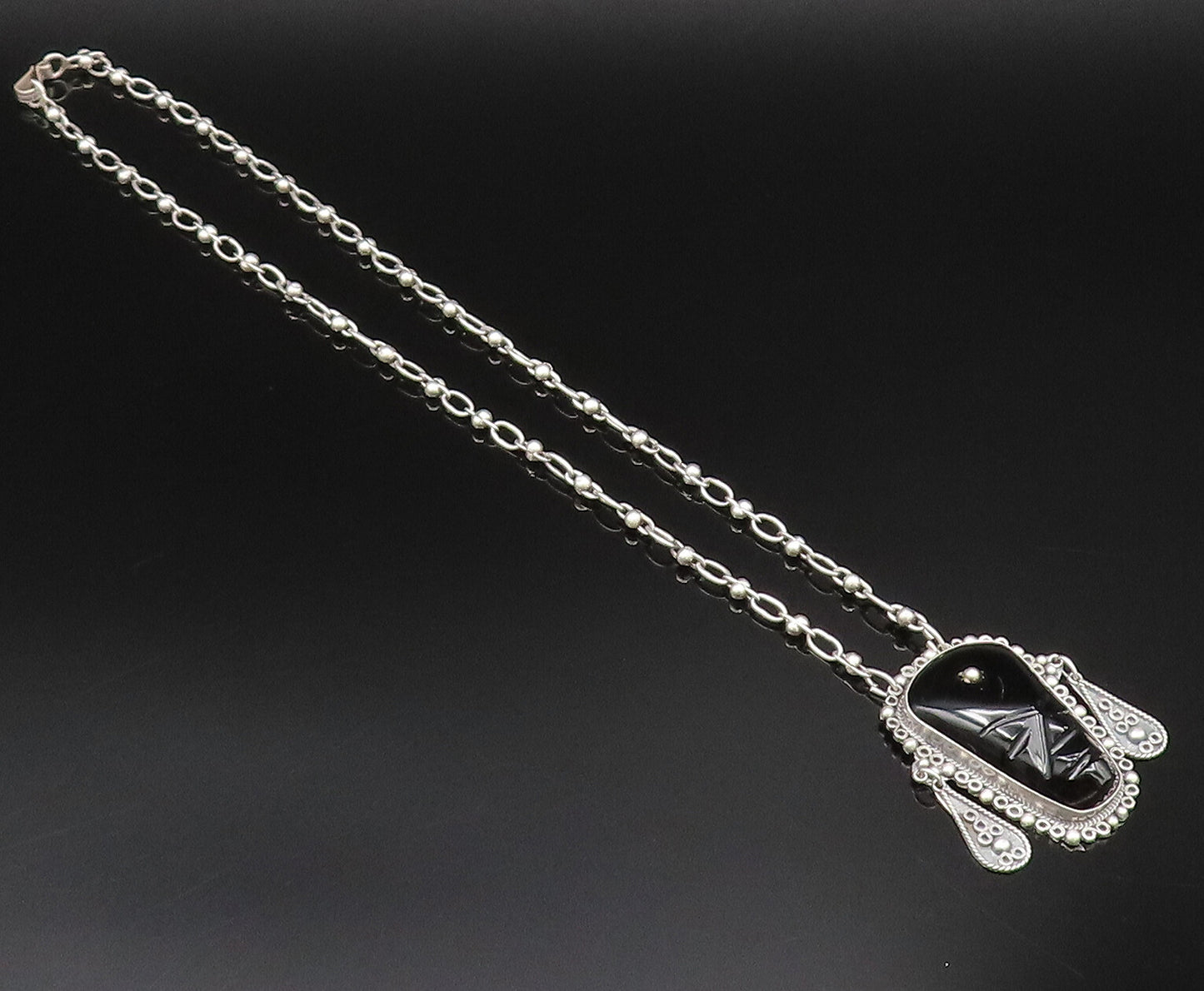 MEXICO 925 Silver  Vintage Carved Face Onyx Beaded Detail Necklace  NE3976