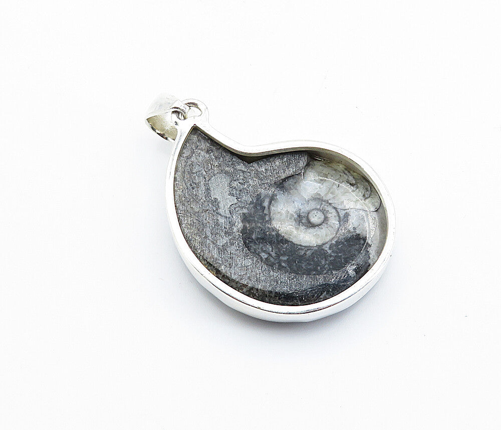 925 Sterling Silver  Grey Jasper Snail Swirl Shiny Drop Pendant  PT6094