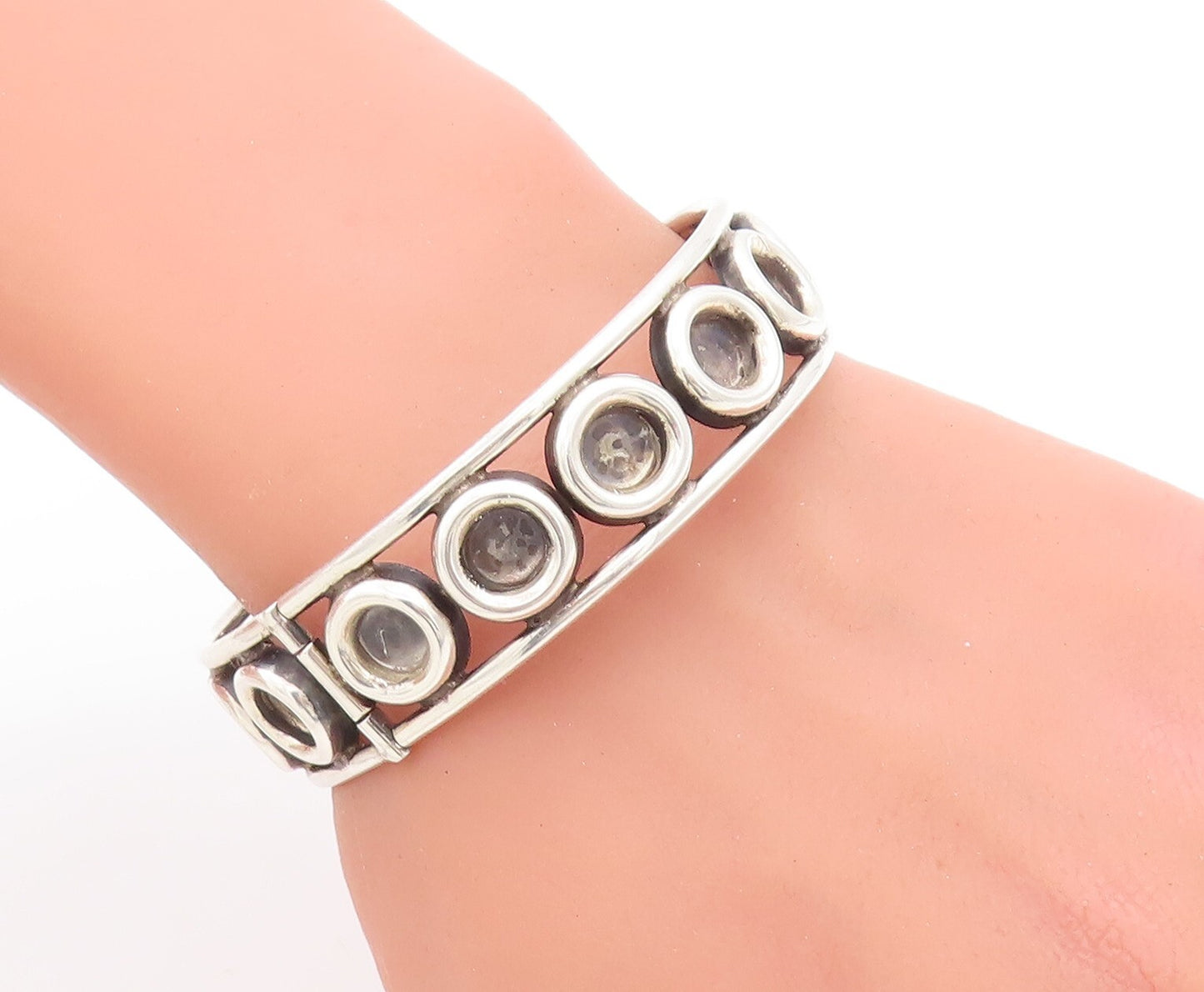 925 Sterling Silver Vintage Bracelet MEXICO Solid Rings Carved Bangle  BT10694