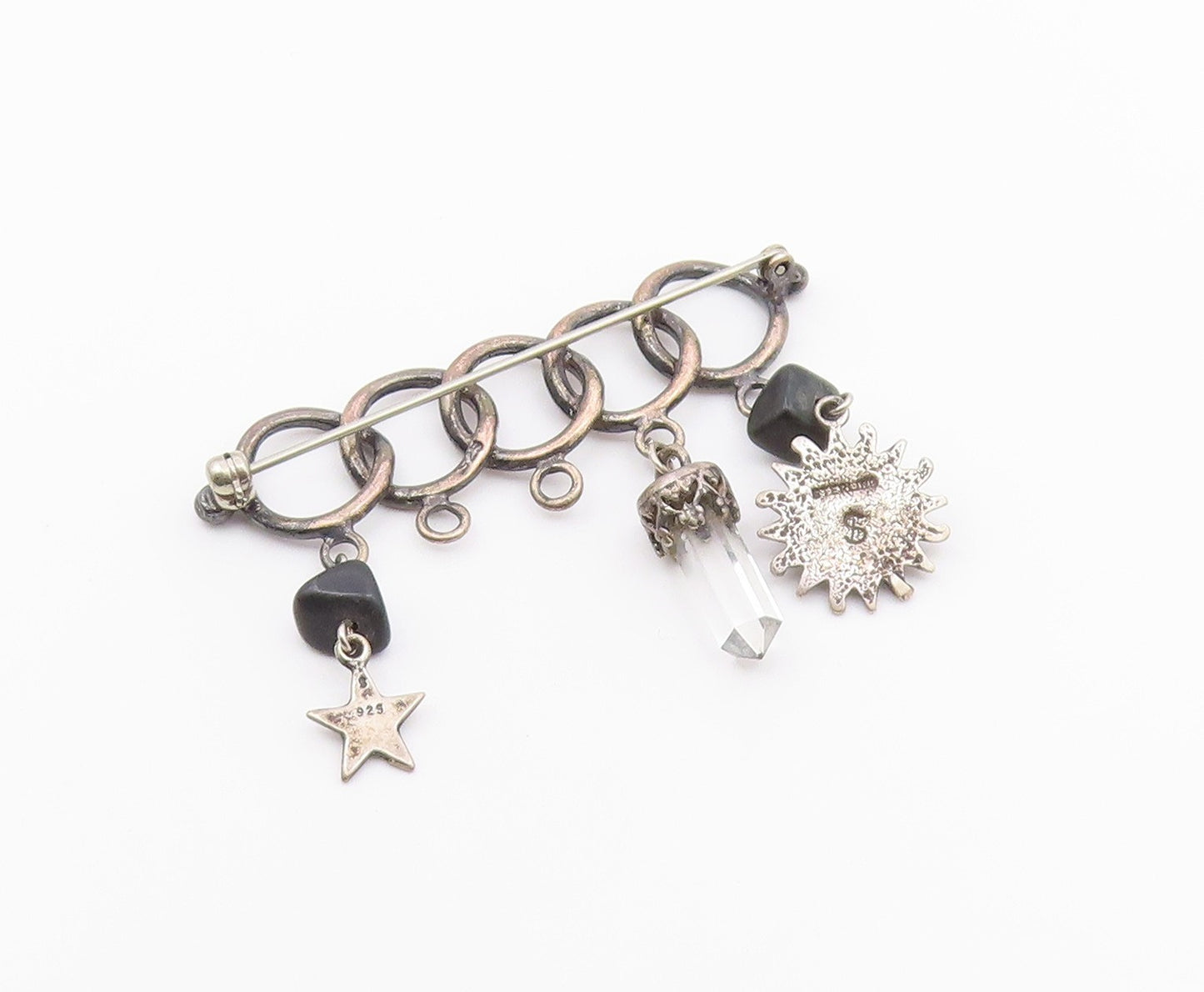 925 Sterling Silver  Vintage Black Onyx & Topaz Wand Charmed Brooch Pin BP6125