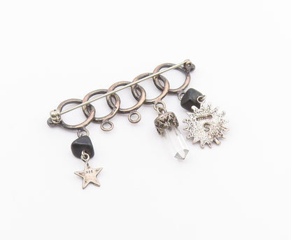 925 Sterling Silver  Vintage Black Onyx & Topaz Wand Charmed Brooch Pin BP6125
