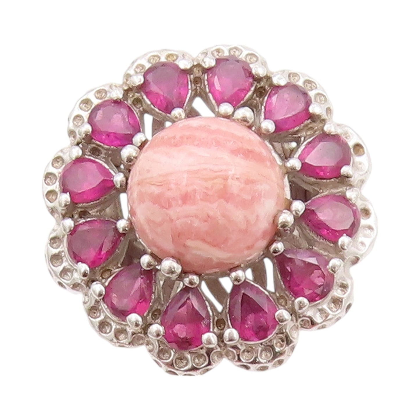 925 Sterling Silver Vintage Ring Drop Cut CZ & Rhodochrosite Flower Sz 5 RG32226