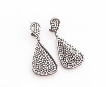 925 Sterling Silver Vintage Earrings Cluster CZ Pave Elegant Teardrop  EG14023