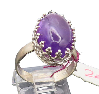 925 Silver  Vintage Cabochon Oval Large Amethyst Carved Ring Sz 6.25  RG27034