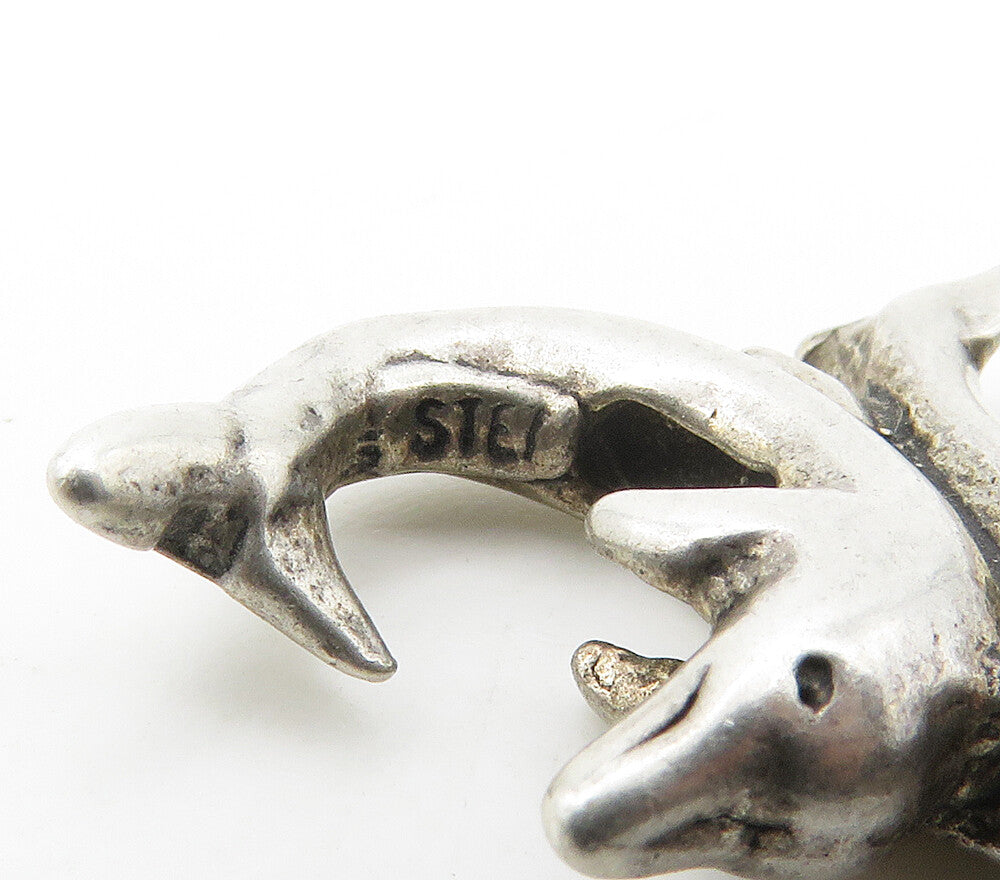 925 Sterling Silver  Vintage Shiny Smooth Dolphins Drop Pendant  PT12106