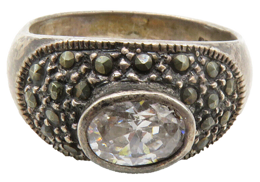 925 Sterling Silver  Vintage Cubic Zirconia & Marcasite Band Ring Sz 8 RG12453