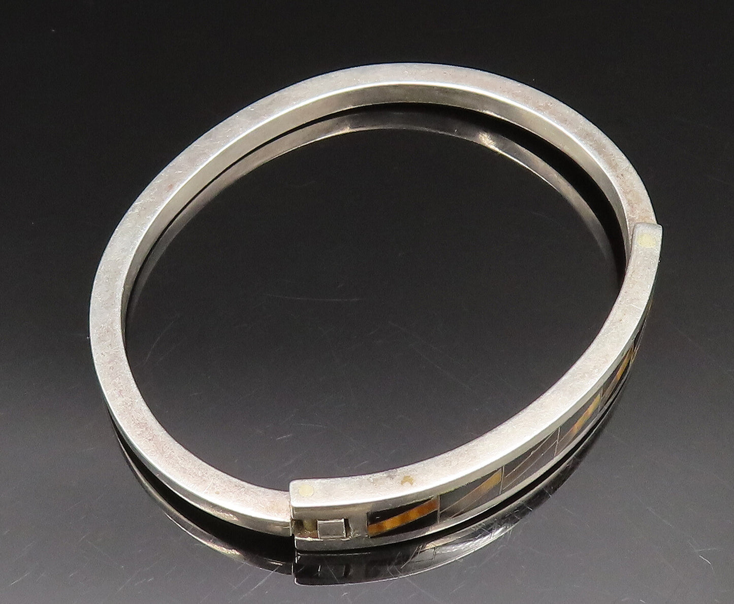 CECILIA TONO 925 Silver  Vintage Inlaid Onyx & Tiger's Eye Bracelet  BT9531