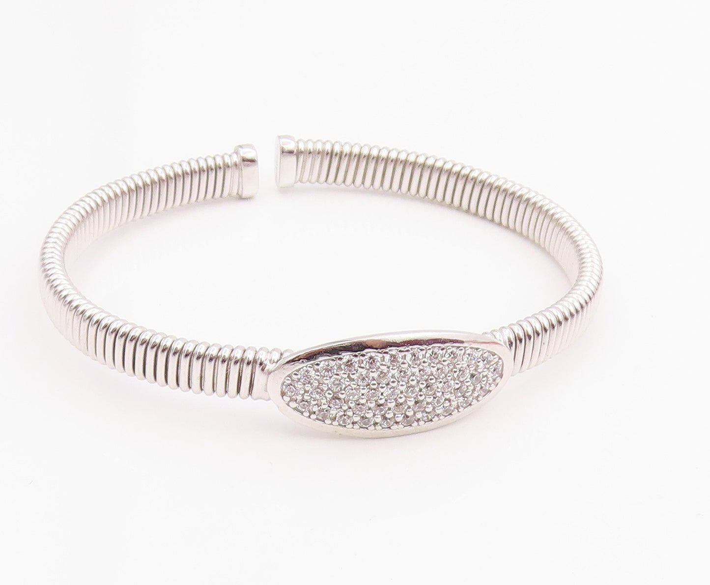 925 Sterling Silver Vintage Bracelet Elegant CZ Cluster Ribbed Cuff  BT11967