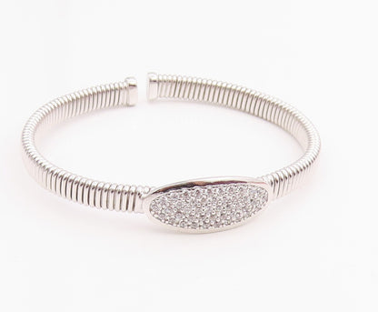 925 Sterling Silver Vintage Bracelet Elegant CZ Cluster Ribbed Cuff  BT11967