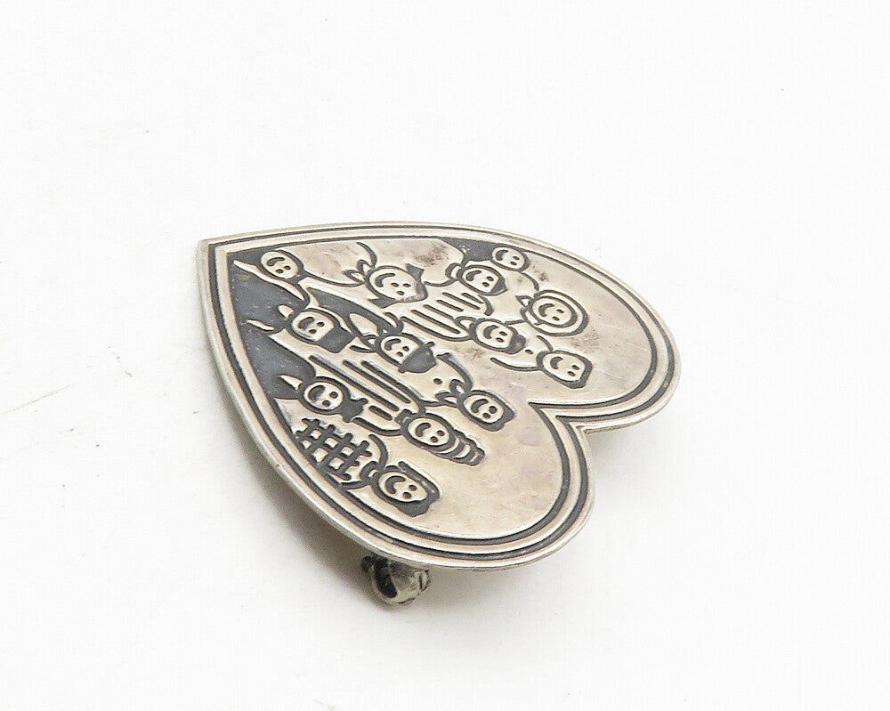 EFS MEXICO 925 Silver  Vintage Oxidized People Love Heart Brooch Pin  BP4013