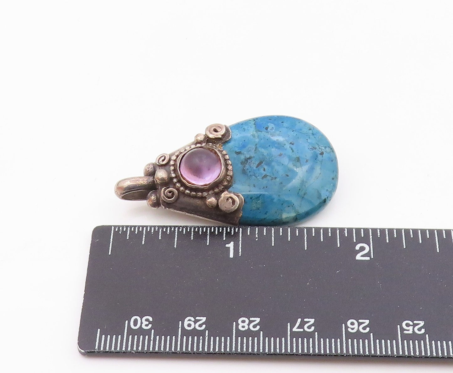 925 Sterling Silver  Vintage Blue Turquoise & Amethyst Swirl Pendant  PT19267