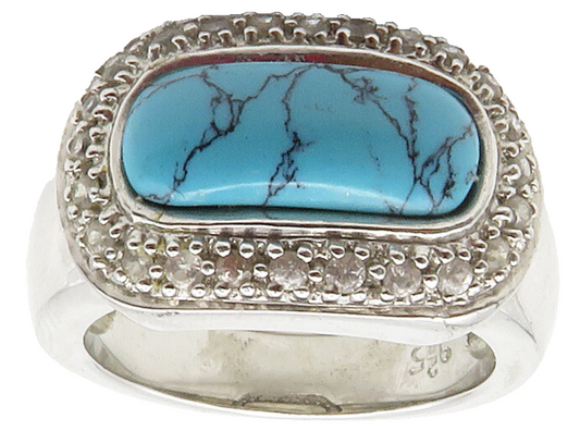 925 Sterling Silver  Turquoise & Topaz Shiny Dome Cocktail Ring Sz 8  RG15350