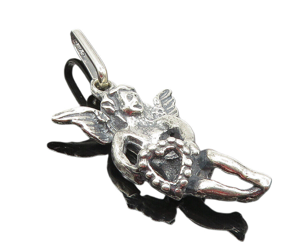 925 Sterling Silver  Vintage Shiny Sculpted Flying Angel Love Pendant  PT7047