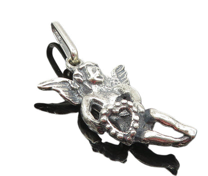 925 Sterling Silver  Vintage Shiny Sculpted Flying Angel Love Pendant  PT7047