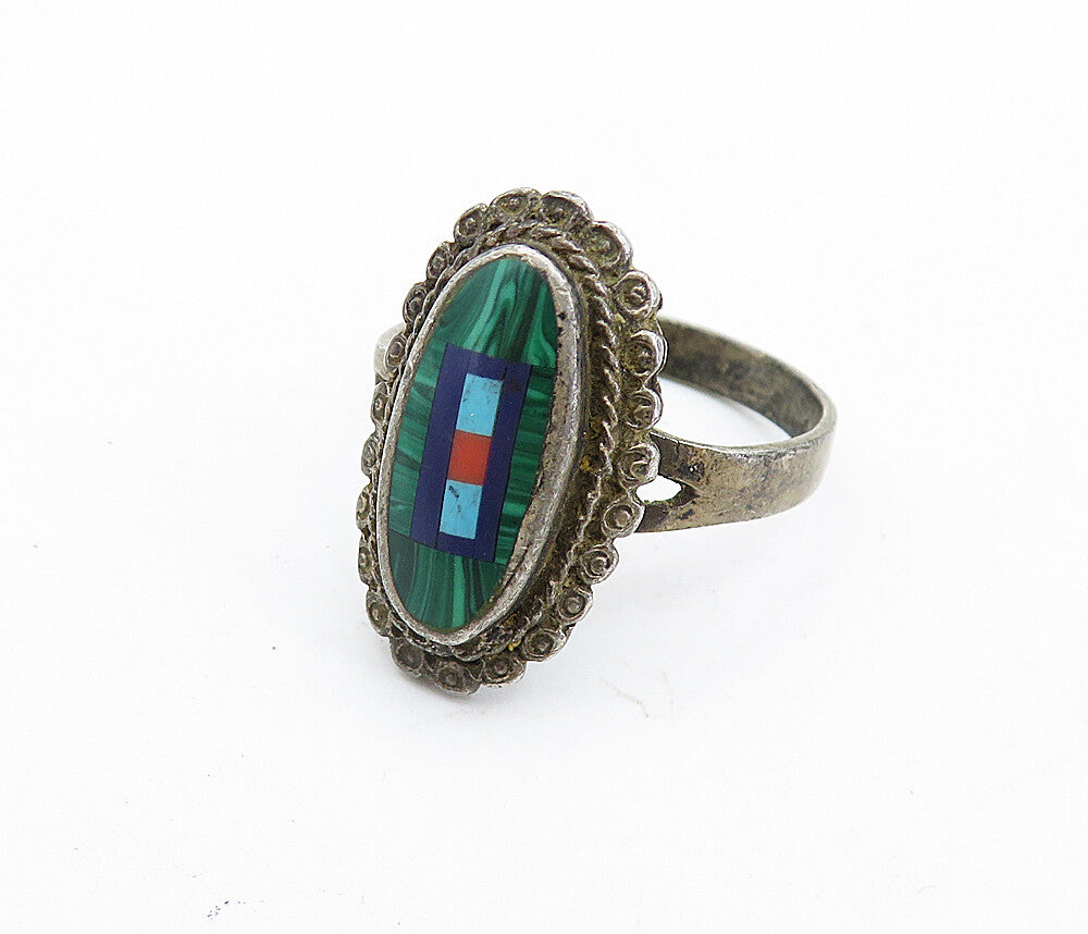 925 Silver Vintage Antique Malachite & Multi Stone Cocktail Ring Sz 8 RG7029