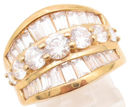 925 Sterling Silver Vintage Ring Gold Plated Rectangle & Round CZ  Sz 7  RG31714
