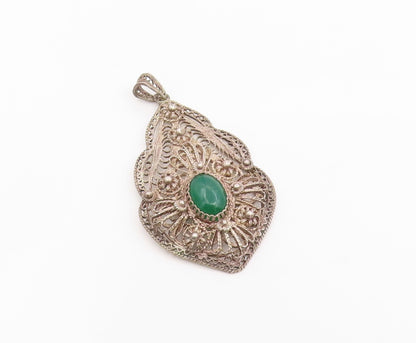925 Sterling Silver Vintage Pendant Green Onyx Intricate Filigree Locket PT26253