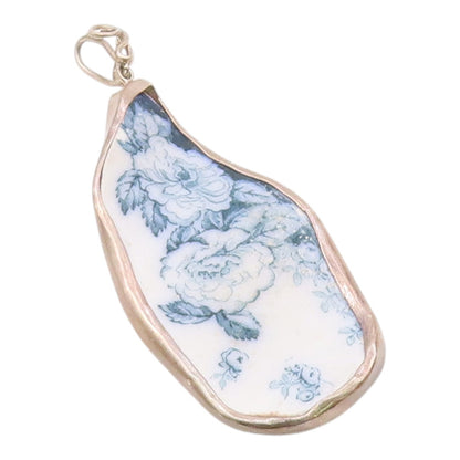 925 Sterling Silver  Vintage Blue Floral Detail Swirl Bail Pendant  PT11491