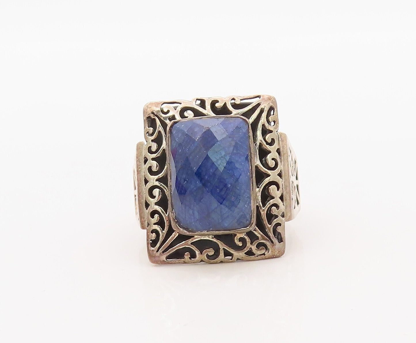 925 Sterling Silver Vintage Ring Rectangle Swirly Real Gemstone Sz 10.5 RG30562