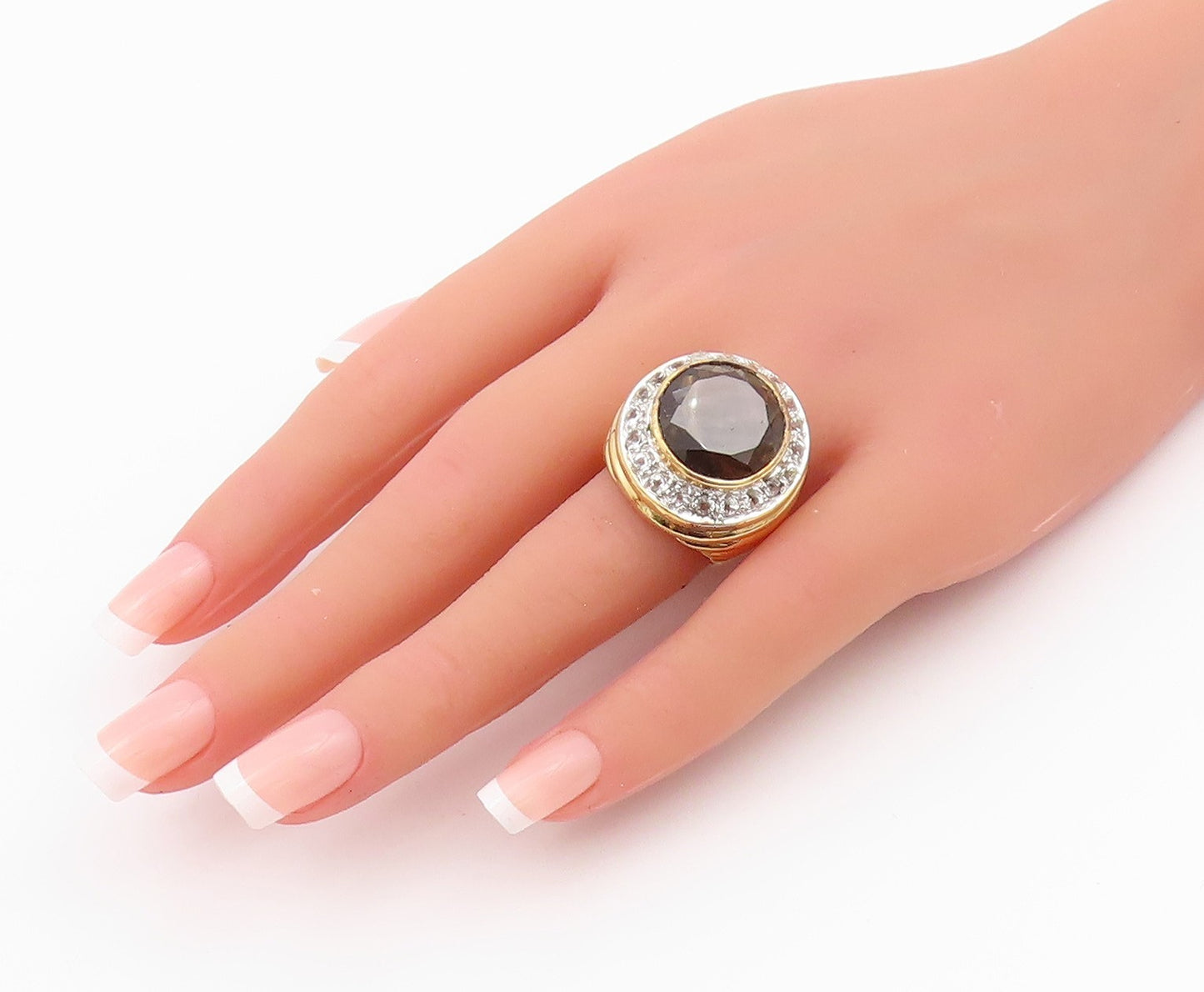 925 Sterling Silver Vintage Ring Gold Plated Smokey Quartz & CZ  Sz 7.5  RG33066