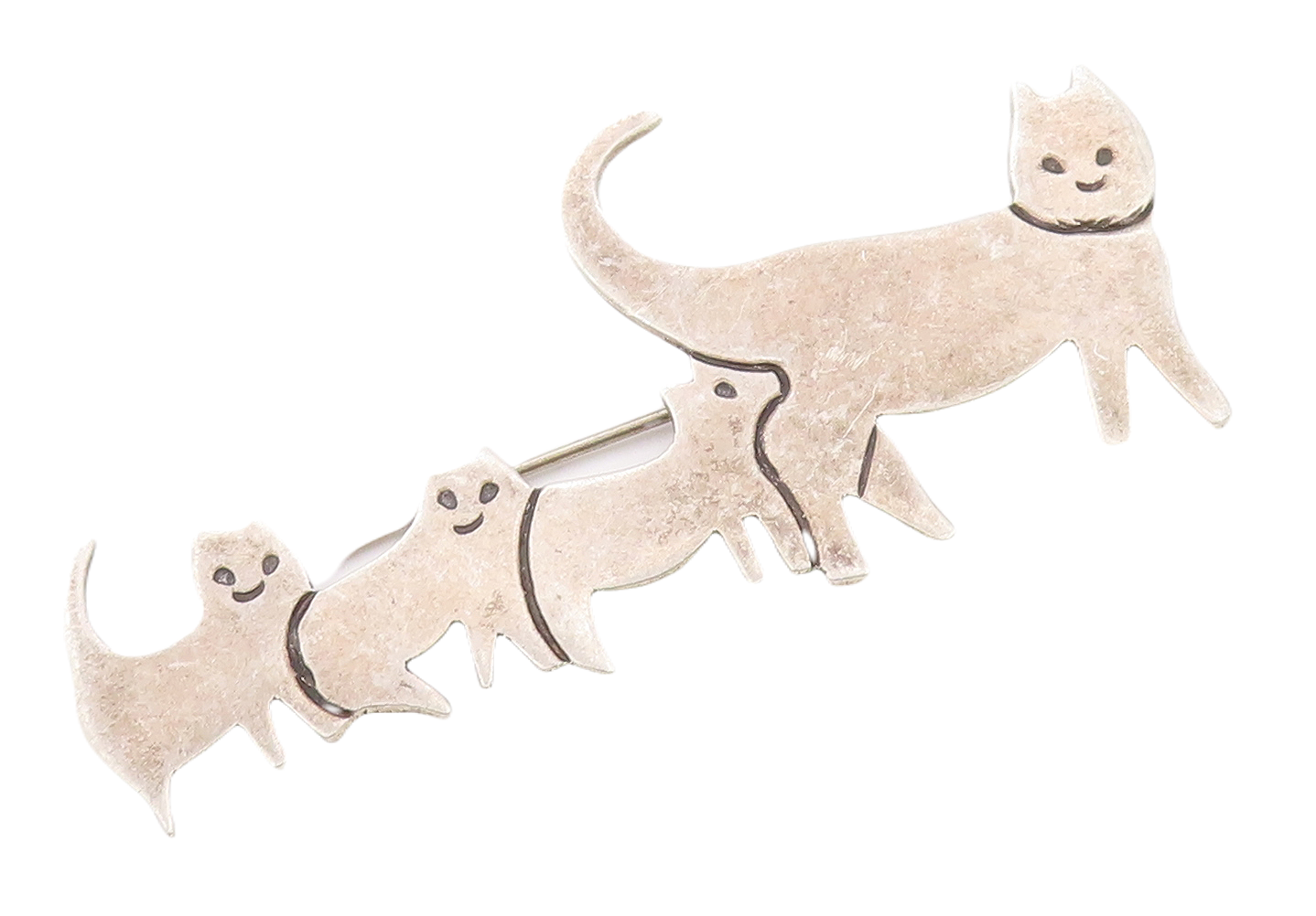 925 Sterling Silver Vintage Brooch Pin MEXICO Carved Kitten Family  BP11168