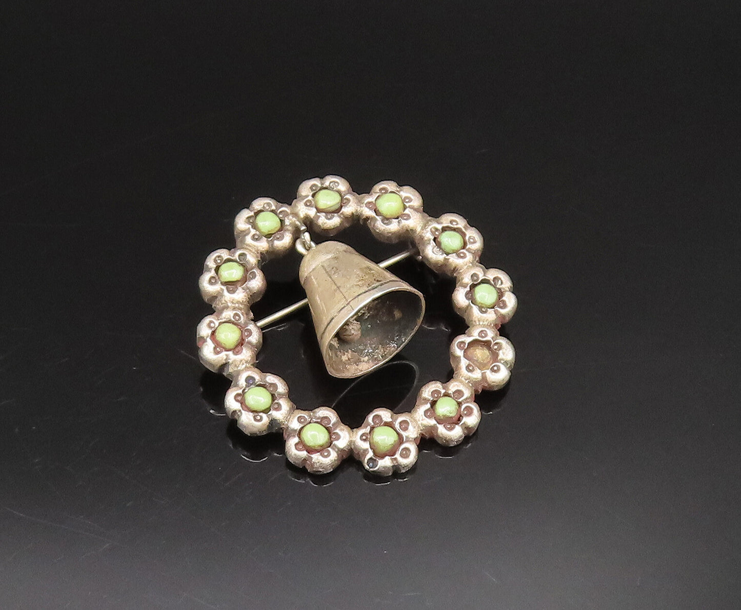 925 Silver  Vintage Antique Jingle Bell Serpentine Wreath Brooch Pin  BP9580