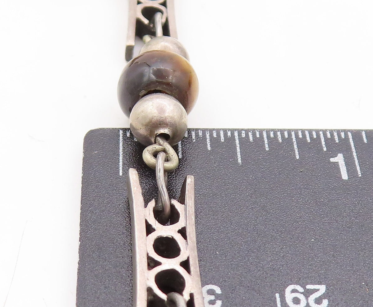 925 Sterling Silver Vintage Necklace MEXICO Designer Beaded Tiger's Eye   NE4413