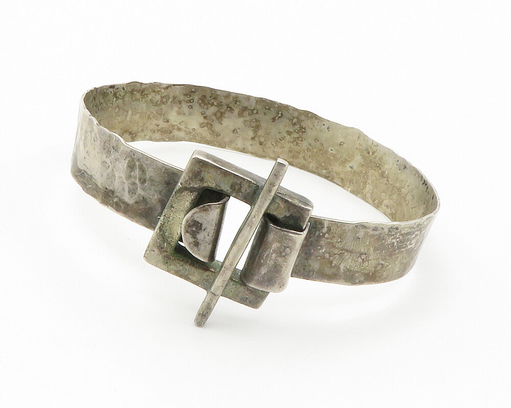 925 Sterling Silver  Vintage Dark Tone Square Buckle Bangle Bracelet  BT5436