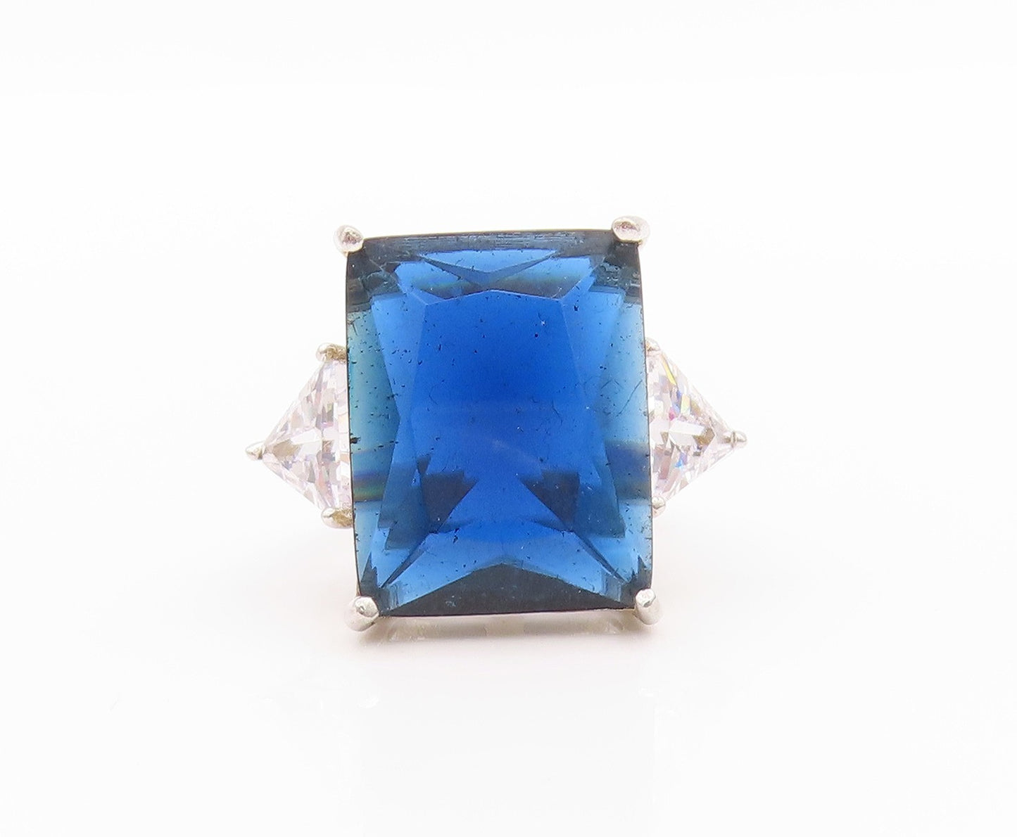 925 Sterling Silver Vintage Ring Rectangle Blue & Triangle Cut CZ  Sz 6  RG33373