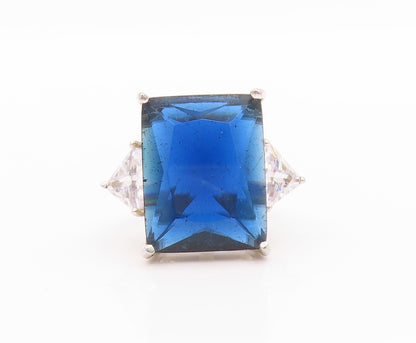925 Sterling Silver Vintage Ring Rectangle Blue & Triangle Cut CZ  Sz 6  RG33373