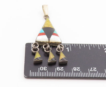 925 Sterling Silver Vintage Pendant SOUTHWESTERN Multi Gemstone Inlay PT25671