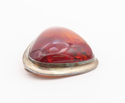 925 Sterling Silver  Vintage Cabochon Cut Amber Smooth Brooch Pin  BP9038