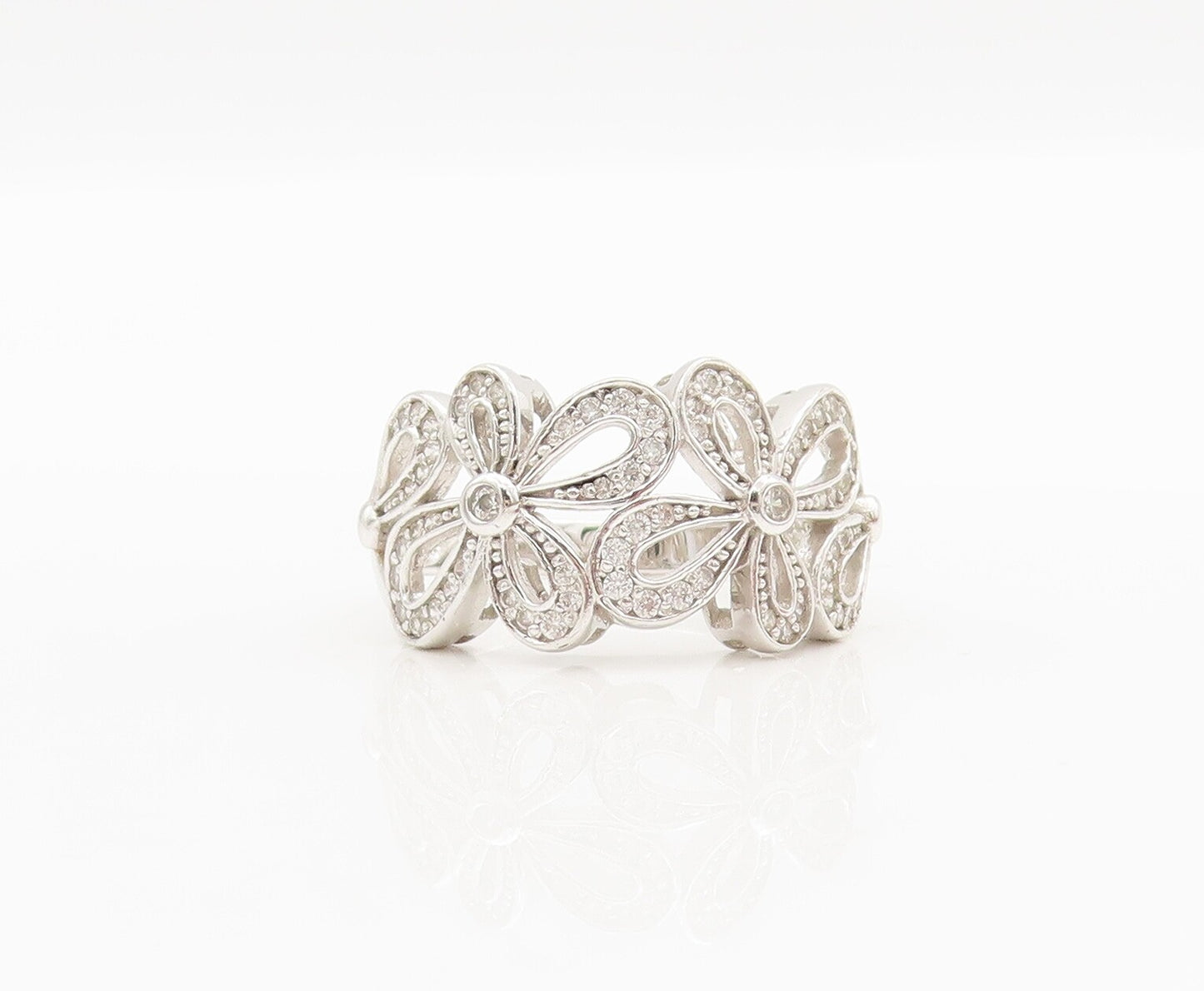 925 Sterling Silver Vintage Ring Solid Cutout CZ Beaded Flowers Sz 10.5  RG28301