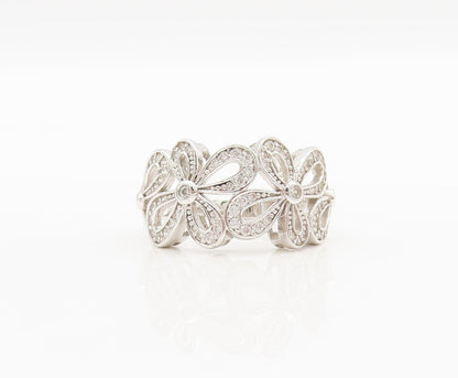 925 Sterling Silver Vintage Ring Solid Cutout CZ Beaded Flowers Sz 10.5  RG28301