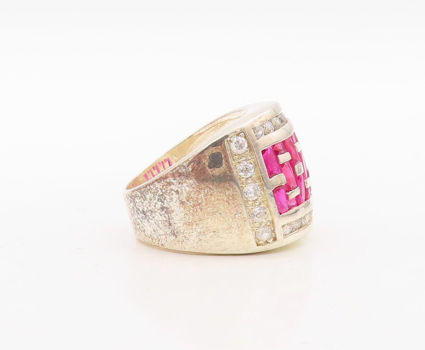 925 Sterling Silver Vintage Ring Designer Pink & White CZ Inlay  Sz 7  RG31113