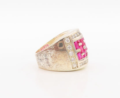 925 Sterling Silver Vintage Ring Designer Pink & White CZ Inlay  Sz 7  RG31113