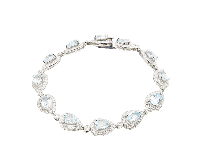 925 Sterling Silver  Shiny Genuine Diamond & Blue Topaz Chain Bracelet  BT7254