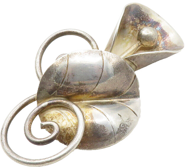 925 Sterling Silver  Vintage Dark Tone Sculpted Flower Swirl Brooch Pin BP4757