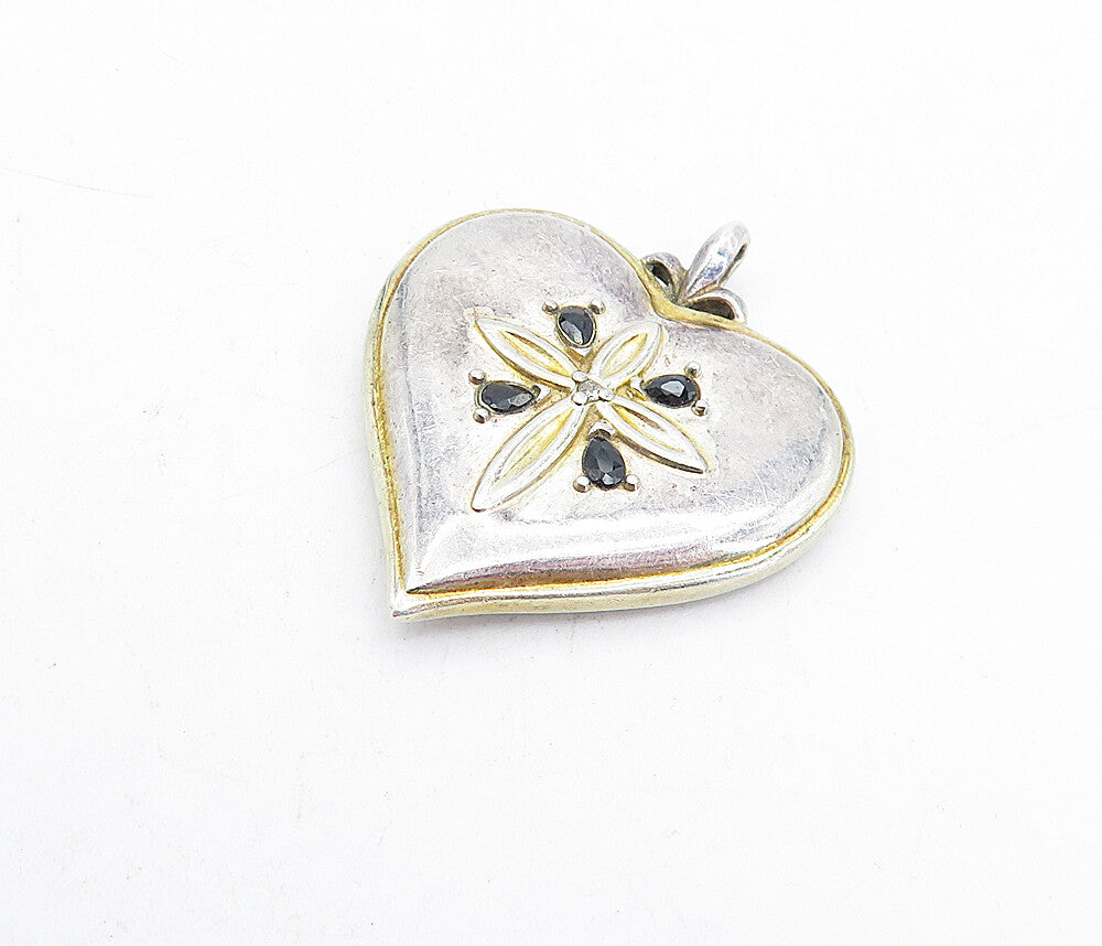 925 Silver  Vintage Sapphire & Genuine Diamond Cross Heart Pendant  PT3679