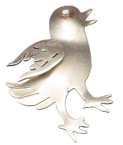 925 Silver  Vintage Carved Baby Bird With Blue Topaz Eye Brooch Pin  BP10068