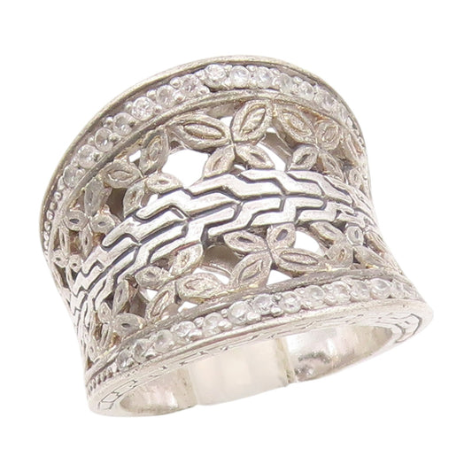 925 Sterling Silver Vintage Ring CZ Floral Openwork Wide Band  Sz 8.5  RG34372