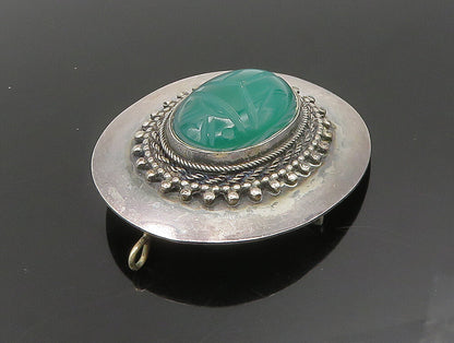 925 Sterling Silver  Vintage Etched Green Carnelian Beaded Brooch Pin  BP9499