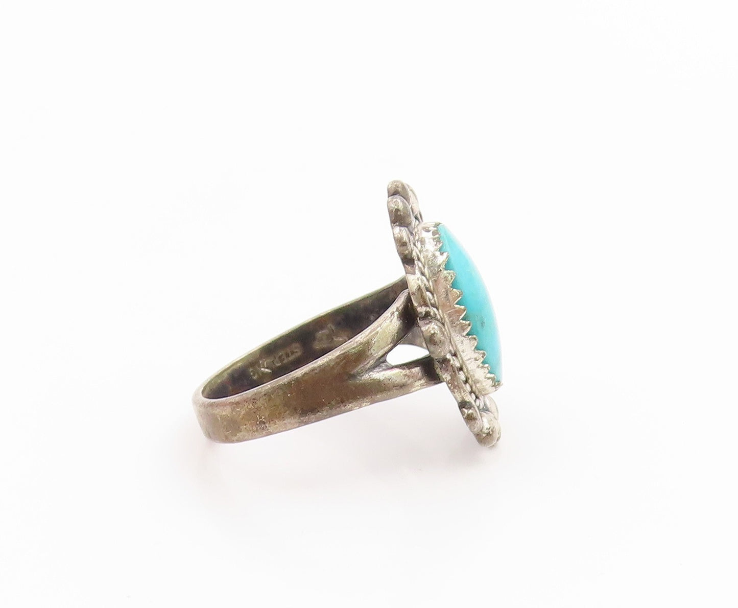 925 Sterling Silver Vintage Ring POST BELL Cabochon Turquoise Band Sz 6 RG34719