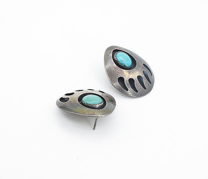 NAVAJO 925 Sterling Silver  Vintage Turquoise Bear Print Drop Earrings  EG3323