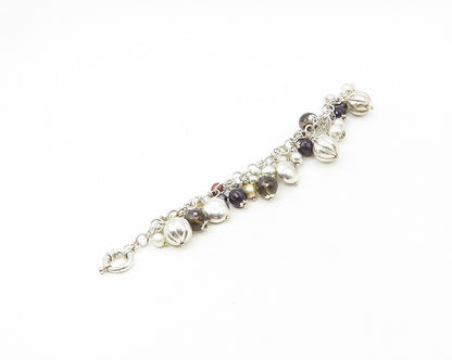 925 Silver  Vintage Shiny Pearls Hematite & Topaz Chain Bracelet  BT6905