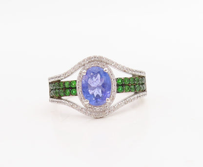 925 Sterling Silver Vintage Ring Oval Sapphire & 2 Tone CZ Band  Sz 8  RG30703