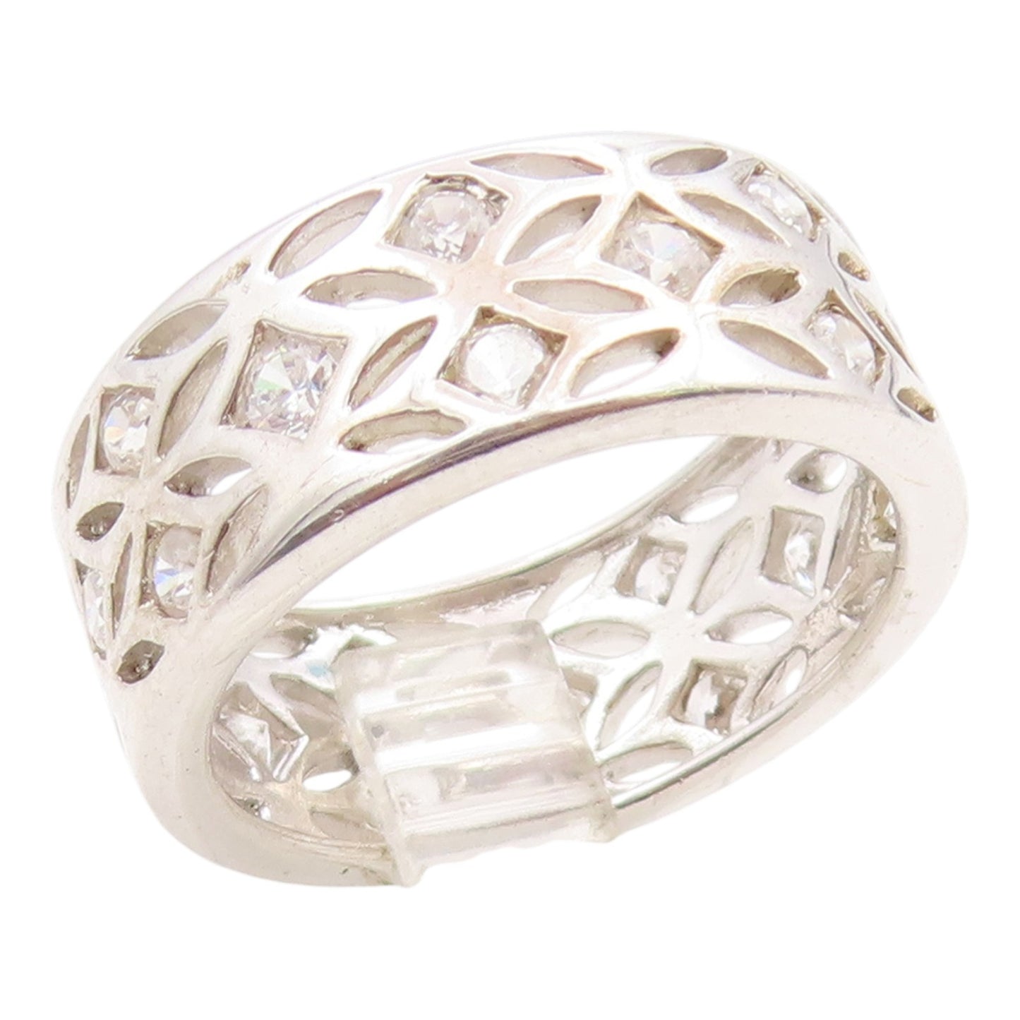 925 Sterling Silver Vintage Ring CZ Openwork Lattice Wide Band  Sz 8  RG35946